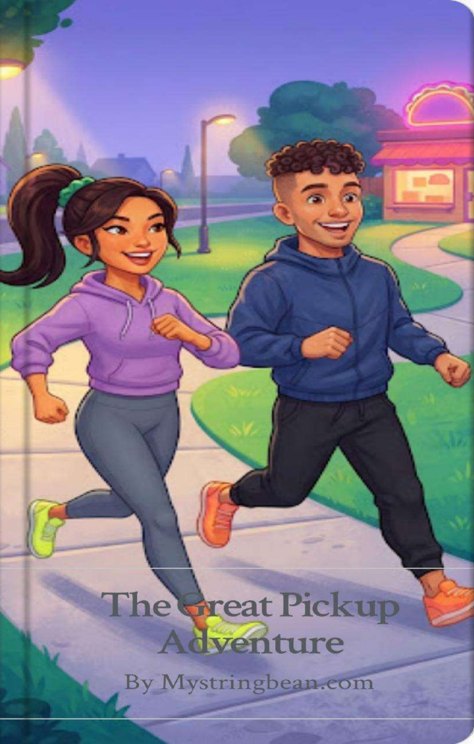 Cover of The Great Pickup Adventure: Nia and Arlo jogging down a sunset sidewalk toward a glowing taco shop