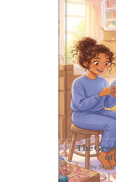 Cover of The Great Un-Buying of Elara: Elara beaming at her phone amid a tower of delivery boxes while Xanthe holds up a pink teapot