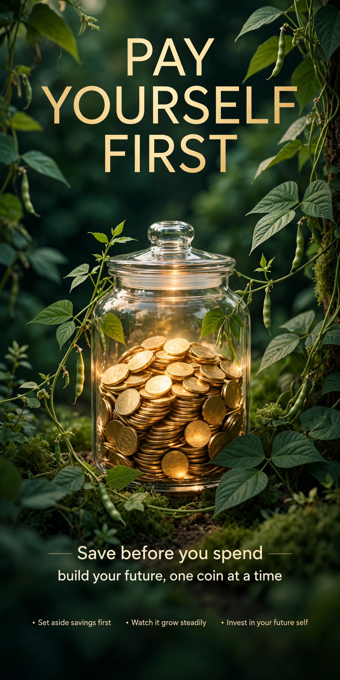 Pay Yourself First poster showing a glass jar of gold coins among green string bean vines