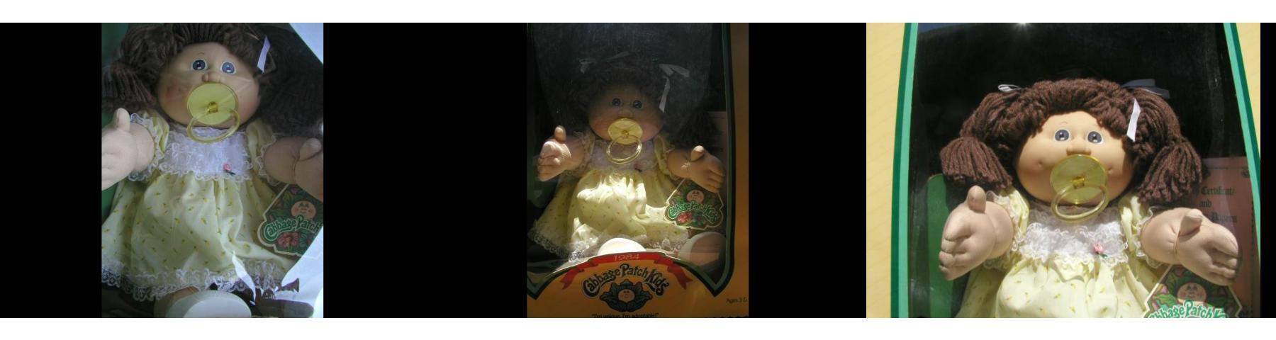 Three views of a 1984 Coleco Cabbage Patch Kid in its original box with pacifier
